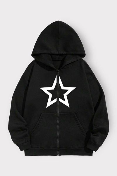 modaberry Cardigan supradimensionat cu model de stele negre - cu glugă și buzunare de iarnă cu fermoar