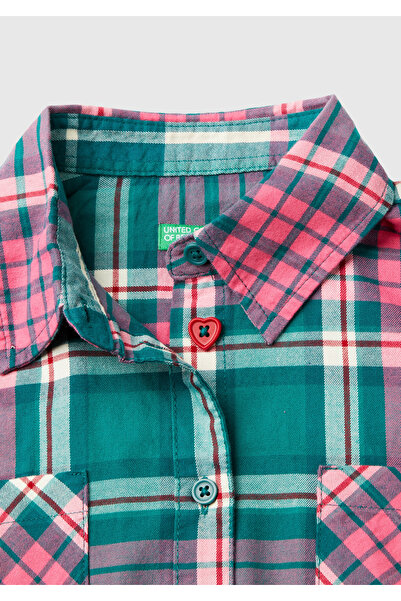 United Colors of Benetton Cămașă pentru fetiță cu model în carouri în amestec verde - buzunar la piept