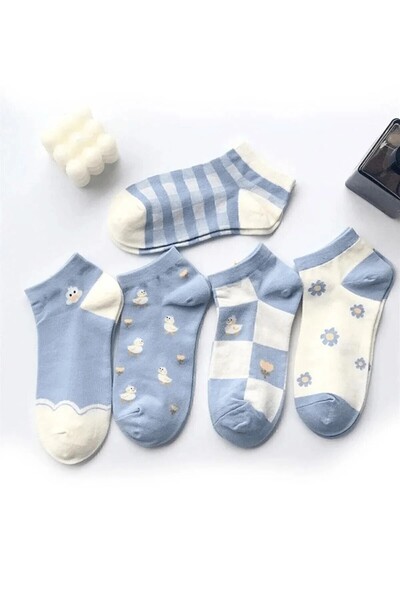 SERAPİFY Blue Daisy Patterned Women's Booties - 5 Pairs Socks Set