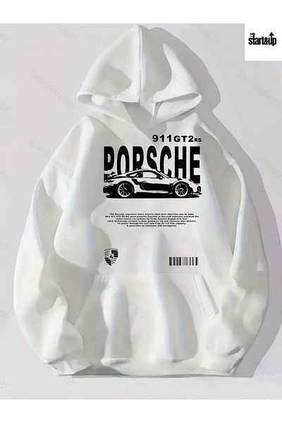 QUEENSTOWN Λευκό φούτερ με στάμπα Porsche Unisex Oversize - 3 νήματα, λαιμόκοψη