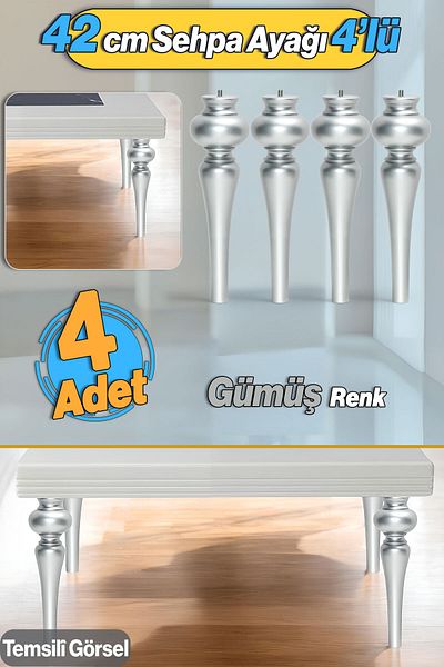 Badem10 Picior de masă de cafea din plastic Drop 4 bucăți 42 cm argintiu picior de masă de cafea centrală picior de masă de cafea combinată picioare de mobilier gri