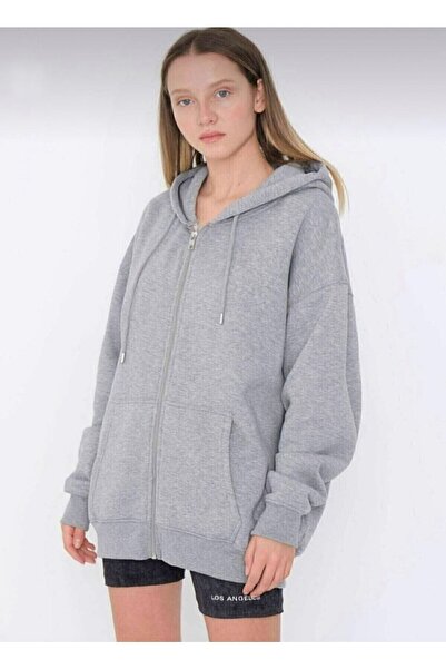 Trendglow Story Butterfly Thick Cardigan - Gray Printed Summer Oversize Hooded Zippered Pocket Cardigan