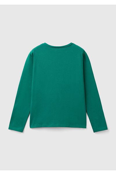 United Colors of Benetton Тениска за момичета с лого в борово зелено - дълъг ръкав, етикет на яка