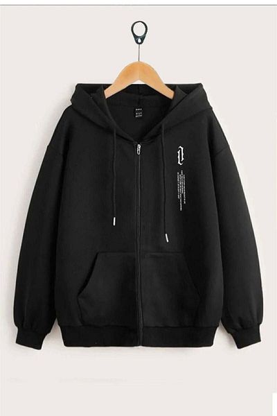 modaberry Cardigan oversize cu design vertical cu imprimeu negru - Cardigan de iarnă cu glugă și buzunare cu fermoar