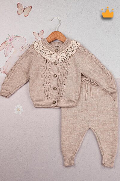 Babyhola Triko Hırkalı Dantel Yaka Kız Bebek Takım 2793