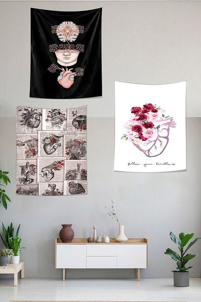 Pelangi Vintage Balance Stain - Heart and Brain Mindfullnes Tapestry, Wall Cloth and Carpet Set of 3