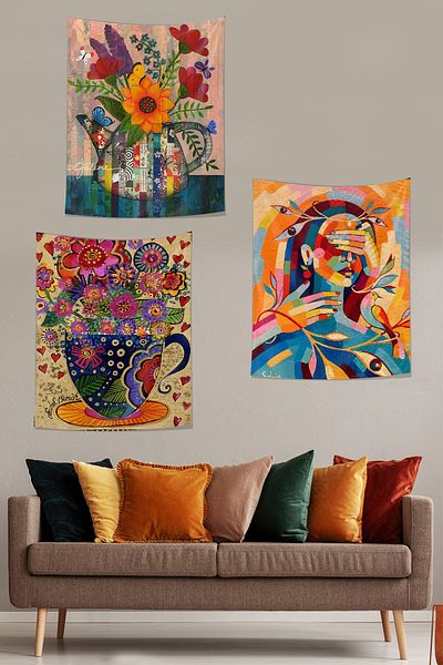 on the clouds Mindfulness Mandala Floral Tapestry - Third Eye Stain Resistant Wall Cloth Set of 3