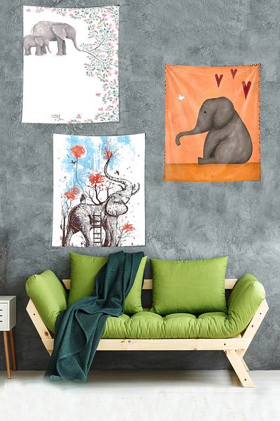 on the clouds Cute Water Spraying Elephants - Heart Stain and Resistant Wall Tapestry Set of 3