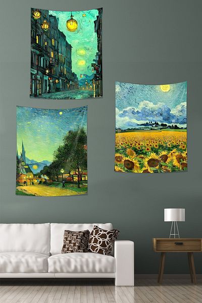 on the clouds Van Gogh 3-Piece Tapestry Set - Street, Sunflower Field, Stain-Proof Wall Cover and Carpet