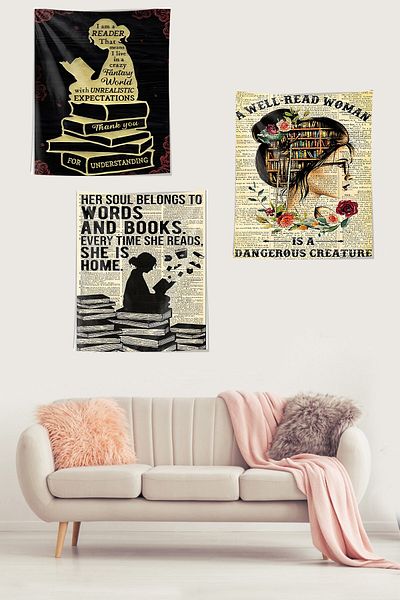 on the clouds Vintage Theme Stain Resistant Tapestry - Bookshelf Girl, Set of 3 Wall Cloth and Carpet