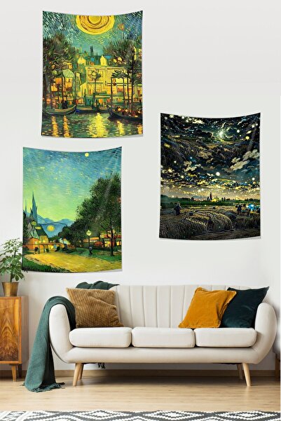 Pelangi Van Gogh 3-Piece Tapestry Set - Wheat, Spike, Village, River and Stai...