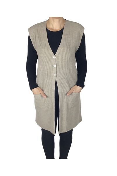 ECE GİYİM Large Size Phytal Patterned Long Vest with Buttoned Pockets