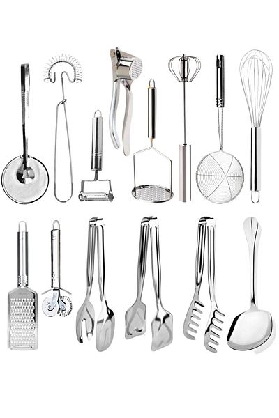 homsel 14 Pieces Economical Kitchen Prep Utensils Grater Peeler Beater Colander Serving Tongs Set