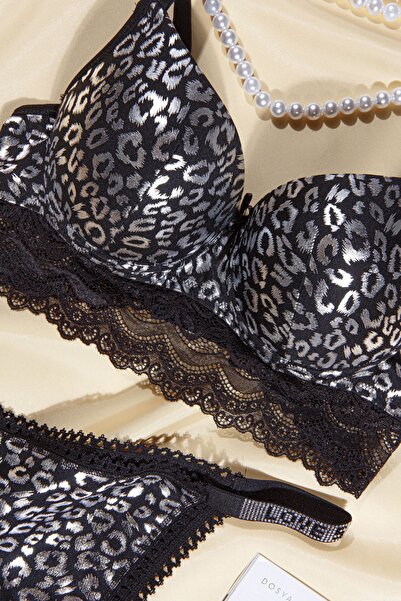 CALİA Leopard Patterned Stoned Silver Bra Set