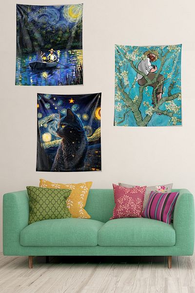on the clouds Van Gogh Starry Cat Almond Blossom Αδιάβροχο Ταπετσαρία - Σετ 3 Πανιά τοίχου και Χαλί