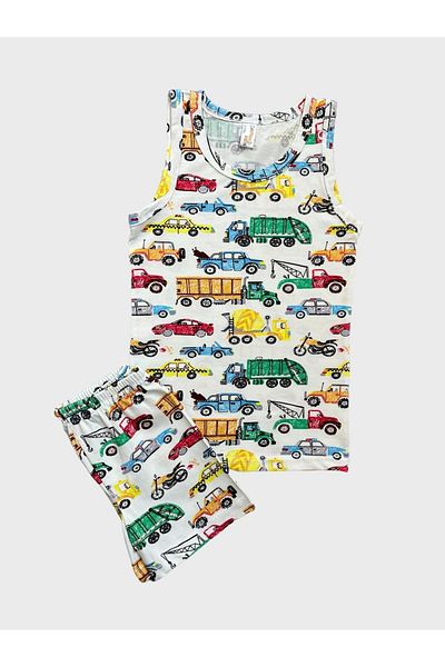 elmas kids Boy's Ecru Athlete Boxer Set - Cotton and Car Pattern
