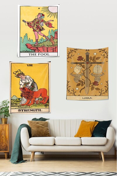 linazaitun Tarot The Fool Strength Libra Kartları Leke Tutmaz  Duvar Örtüsü D...
