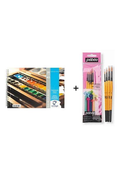 Talens Caiet Van Gogh acuarelă A5 300gr. Set de pensule pentru acuarelă și Pebeo Set-2 Nr.: 2-4-6-8