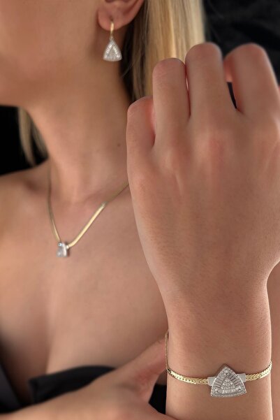 Fiyonk Kuyumculuk 14 Ayar Altın Üçgen Baget Set (Kolye, Bileklik, Küpe)