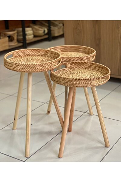 Toprak Design Üçlü Bohem (35 cm çap) Rattan Sehpa, Bambu Sehpa ,Zigon Sehpa