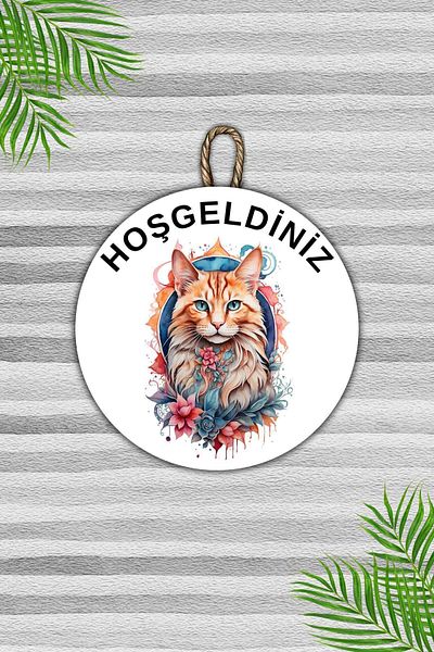 Dormot Home Modern Wooden Door Ornament - White Floral Cat Welcome, Outdoor Door Ornament