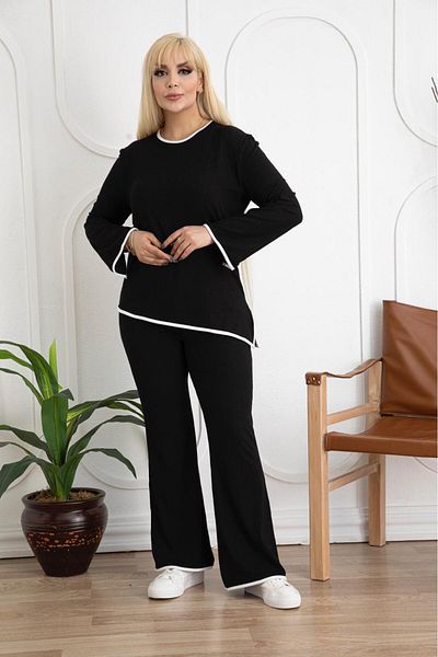 Butik Nilyam Голям размер анцуг от бяла ликра камизола - райе с детайли 24157