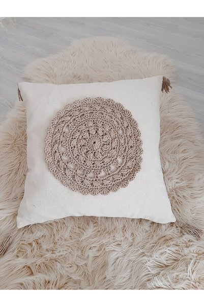 ZÜMAL Macrame Knitted Linen Decorative Throw Pillow Cover Single - Pillow 43x43 Cm (Color Mink)