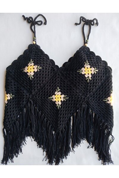 Küçük Burjuva El Örgü Motifli Crop Bluz