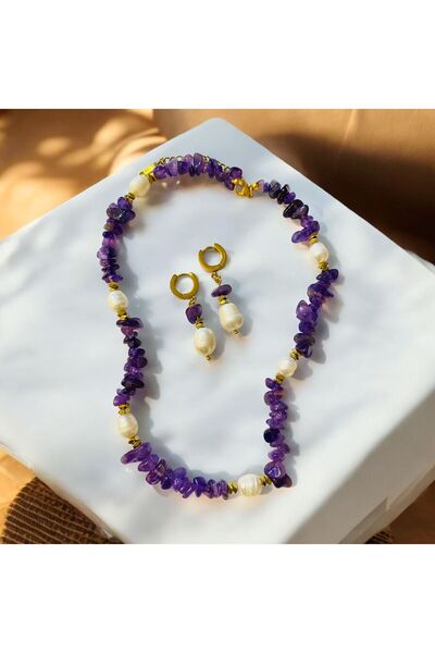 DOĞALTAŞ TASARIM Ametist İnci Kolye Küpe Set