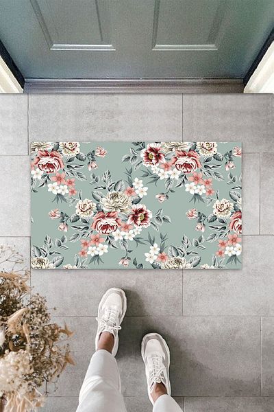 Dormot Home Multi-Purpose Digital Printing Turquoise Flower Indoor And Outdoor Door Mat