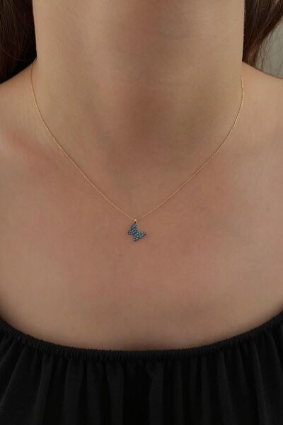 Fiyonk Kuyumculuk 14 Ayar Altın Firuze Taşlı Kelebek Kolye