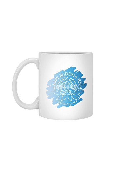 Fizello كوب أبيض بشعار Happy Buddha Yoga Blue Swash، هدية، مهر، هدية