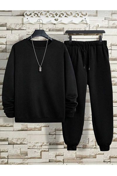 KOZİA OUTDOORS MALKOCBEY Black Oversize Tracksuit Set - Plain Sweatshirt and Jogger - Crew Neck