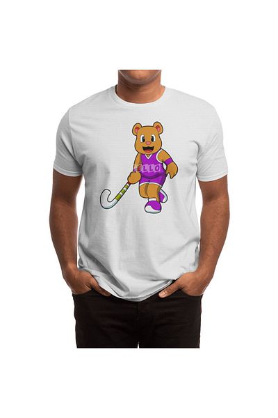Fizello Men's and Women's Unisex White T-Shirt - Bear at Hockey with Hockey Stick