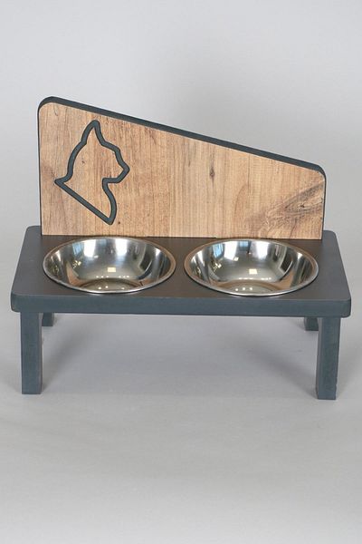 HobiMax Wooden Cat Food and Water Bowl with 2 Steel Bowls