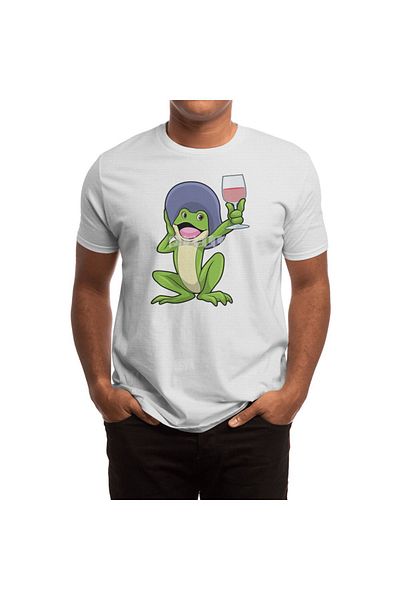 Fizello Unisex White T-Shirt for Men and Women - Frog with Glass of Red Wine & Hat Design