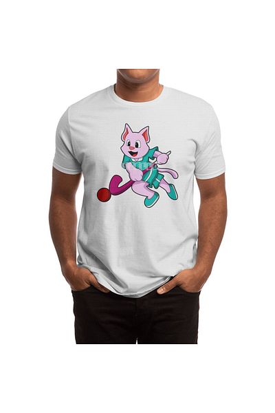 Fizello Men's and Women's White T-Shirt - Cat at Hockey Avec Hockey Stick