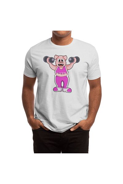 Fizello Men's and Women's Bodybuilding T-Shirt - Unisex White, Pig Horse Fitness Dumbbells Design