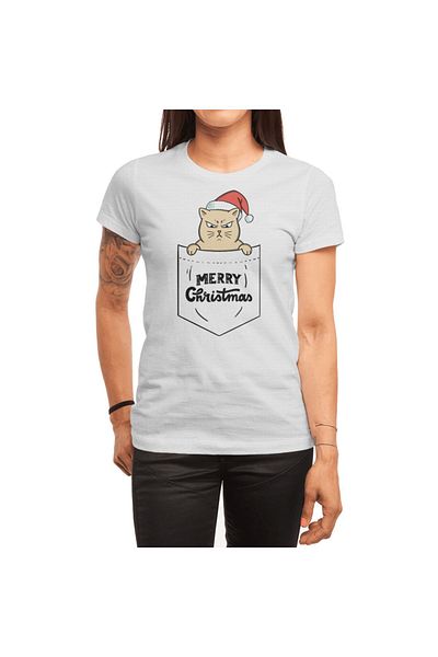 Fizello Cat Merry Christmas Pocket Λευκό T-shirt για άνδρες και γυναίκες