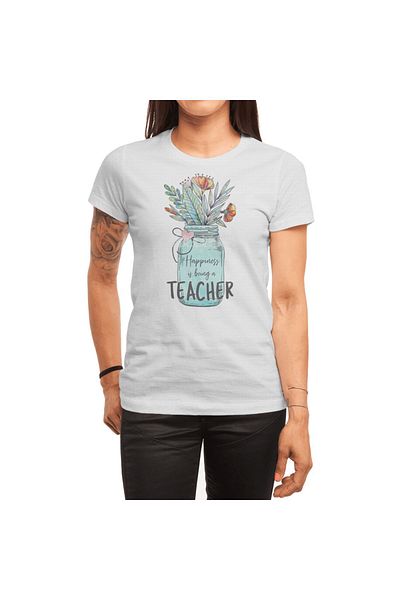 Fizello Unisex Λευκό μπλουζάκι 'Happiness Is Being A Teacher' Freemason Jar Flowers για άνδρες και γυναίκες