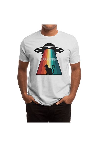 Fizello Λευκό μπλουζάκι για άνδρες και γυναίκες - Unisex μπλουζάκι Alien & Cat Retro Rays
