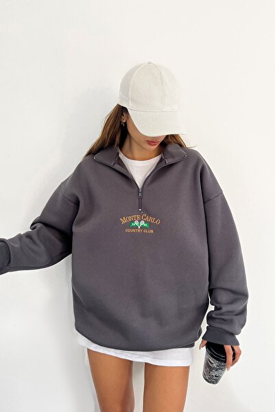 Sun Victoria Unisex Ανθρακί γιακάς Oversize με 3 κλωστές χτενισμένο βαμβακερό κεντημένο φούτερ