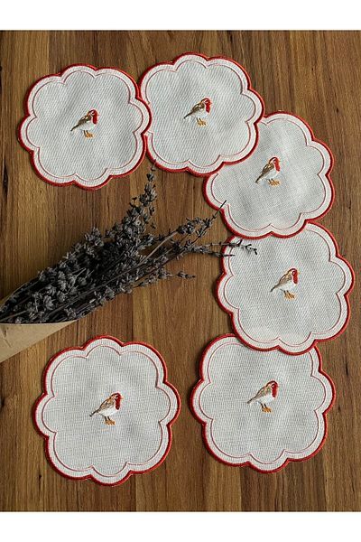 NURHAN HOME COLLECTION 6 Pieces Love Birds Linen Fabric Red Embroidered Coffee Side Cocktail Presentation Napkin
