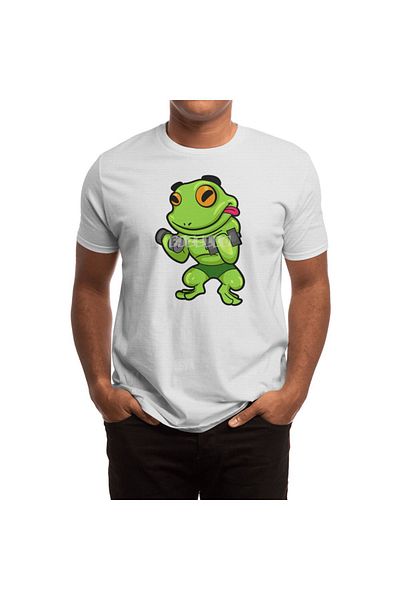 Fizello Unisex White T-Shirt for Men and Women - Frog at Biceps Training with Dumbbells