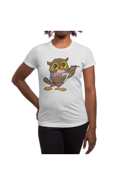 Fizello Men's and Women's White T-Shirt - Owl Secretary, Ballpoint Pen and Noteler
