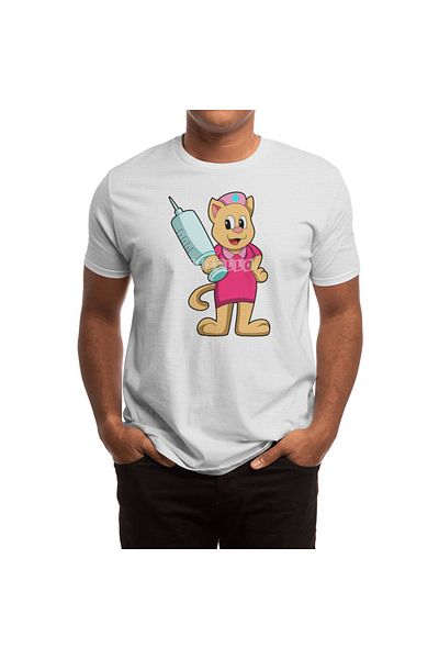 Fizello Men's and Women's Unisex White T-Shirt - Cat Nurse Syringe Pattern