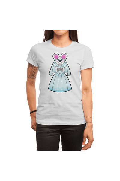 Fizello Men's and Women's T-Shirt - Mouse as Bride, Bunch of Flowers Patterned, Unisex White T-Shirt