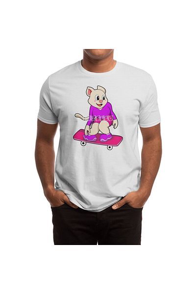 Fizello Λευκό μπλουζάκι για άνδρες και γυναίκες - Cat As Skater με λεπτομέρεια Skateboard