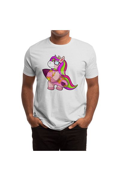 Fizello Unicorn Surfer Boy and Surfboard and Sunglasses Patterned Men's and Women's White T-Shirt