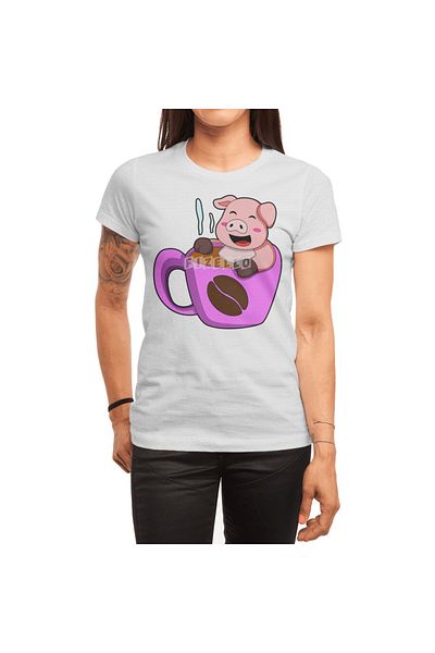 Fizello Tricou alb unisex pentru bărbați și femei - Porc cu design de ceașcă de cafea